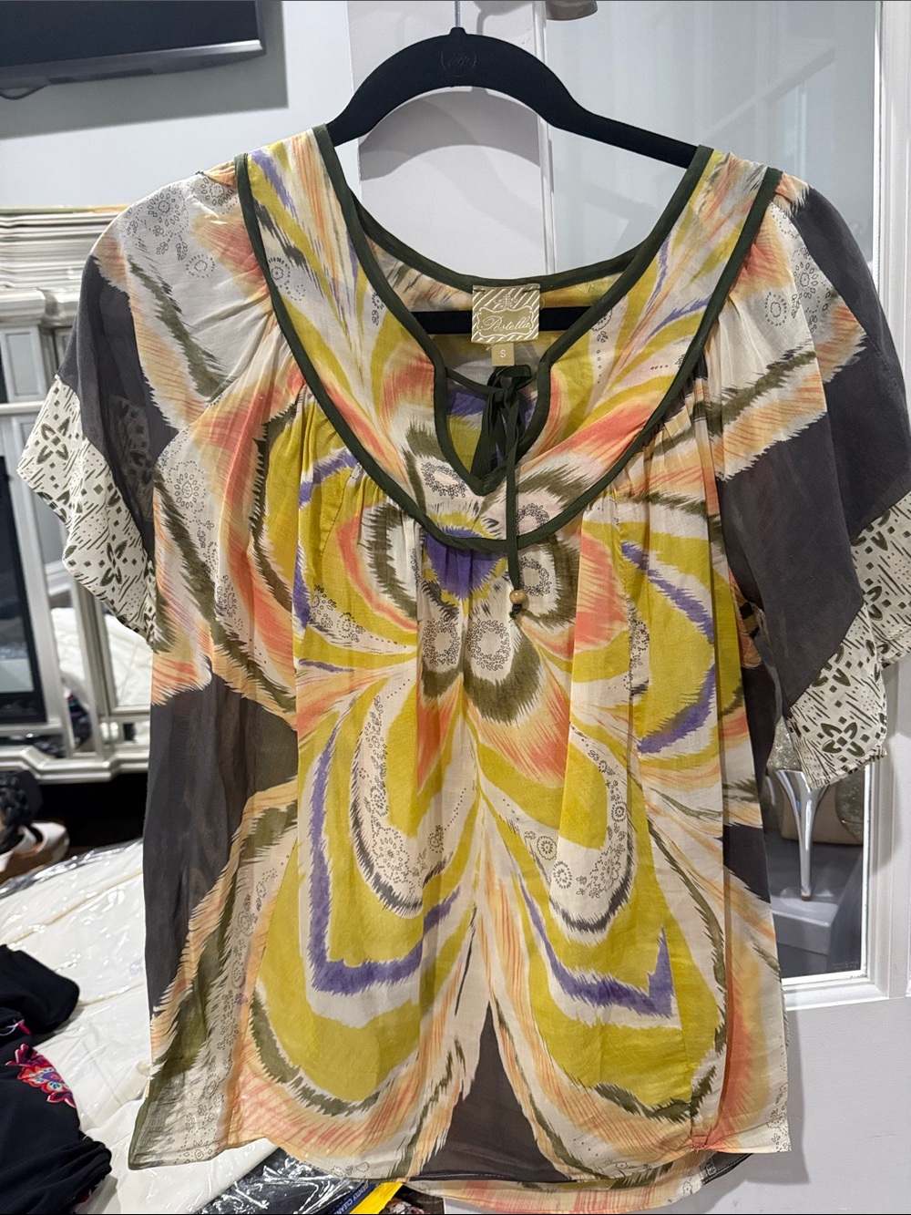 Postella Multicolor Watercolor Peasant Blouse with Olive Trim